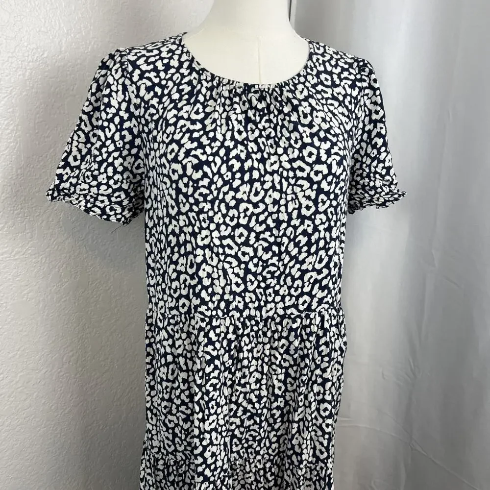 J Crew Midi Dress Womens Medium Blue White Leopard Print Puff Sleeve Tiered Boho